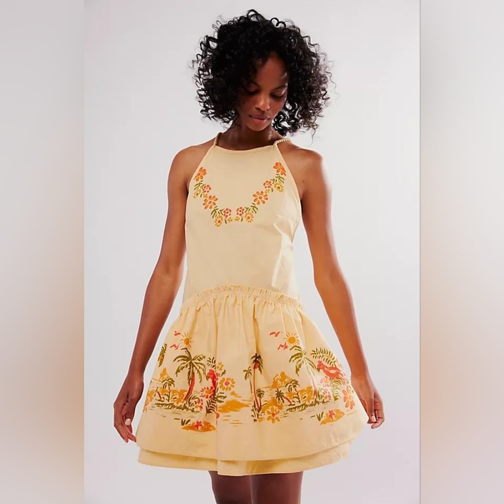 Free People Deserted Island Mini Dress Tropical Print Rope Back NWT - Picture 2 of 9